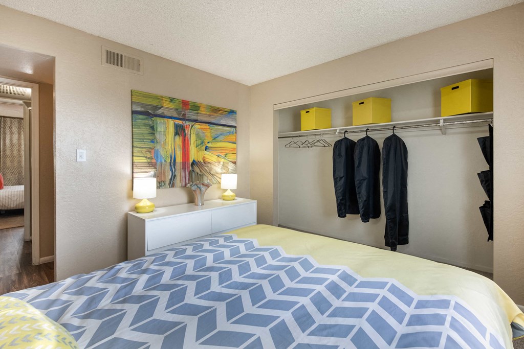 a bedroom with a large bed and a closet