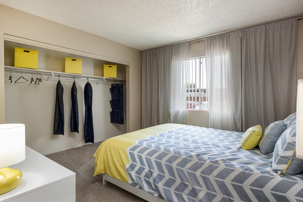 a bedroom with a bed and a closet