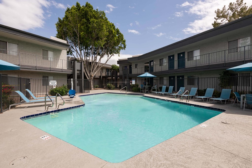 our apartments have a large pool and lounge chairs