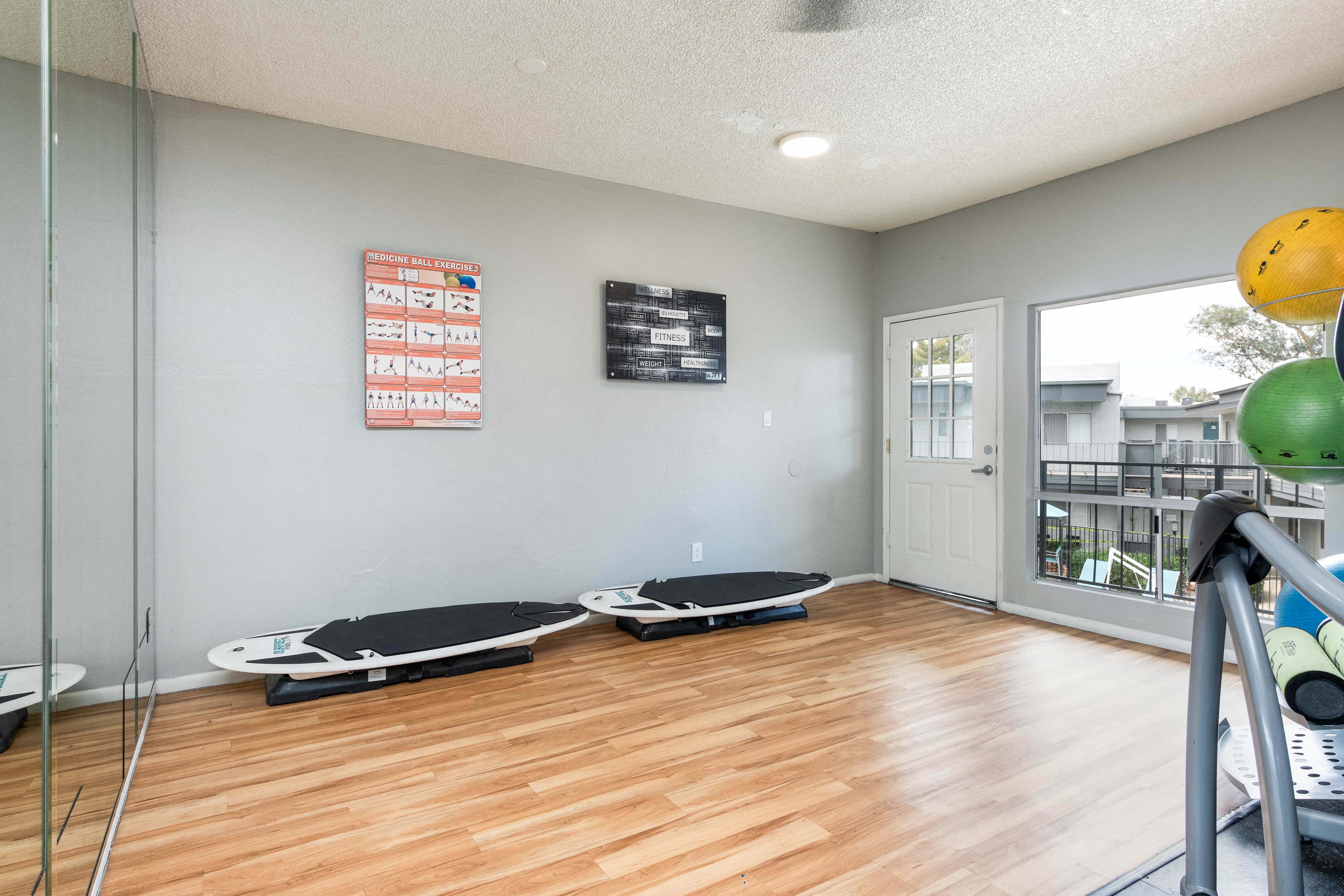 our apartments have a fitness room with a treadmill and weights