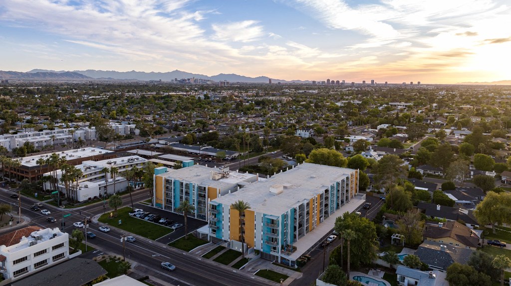 an aerial view of an apartment complex in the city