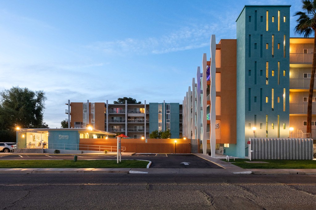 a view of a city building at night
