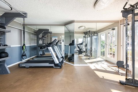 a gym with weights and mirrors and a glass door