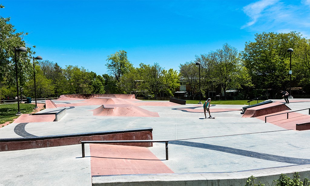 a skate park in a park with people skateboarding