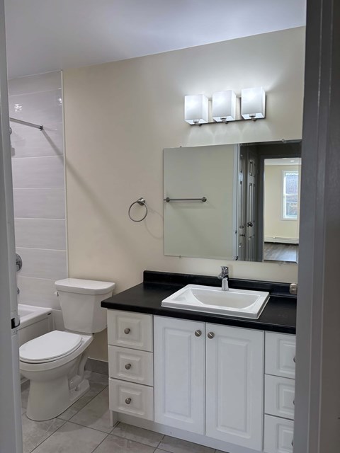 A white toilet sits next to a sink in a bathroom.
