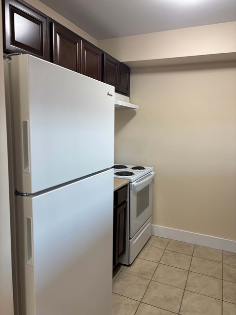 A white refrigerator and stove in a kitchen.