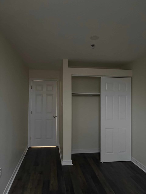 A room with a white door and a white closet.