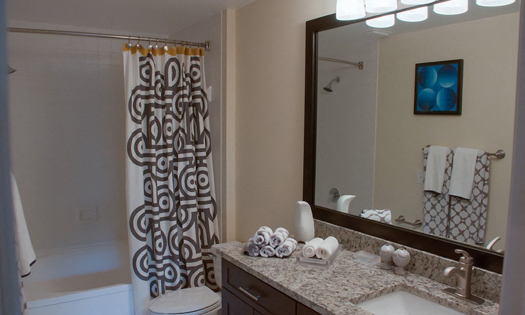 a bathroom with a shower and a sink and a mirror