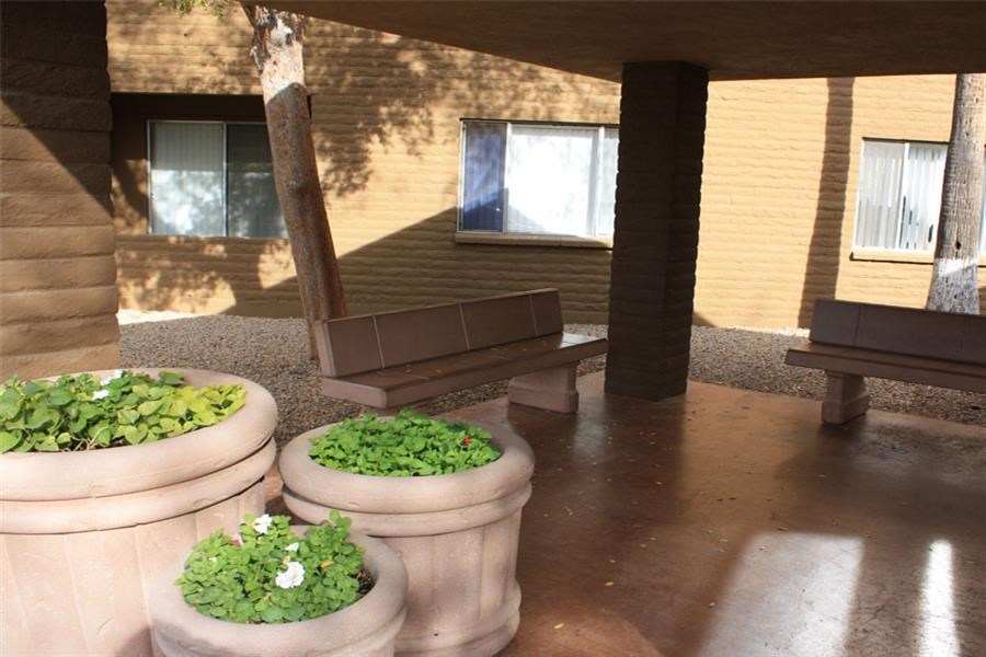 a porch with benches and plants in front of a building