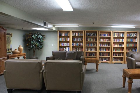 a living room filled with furniture and a book shelf