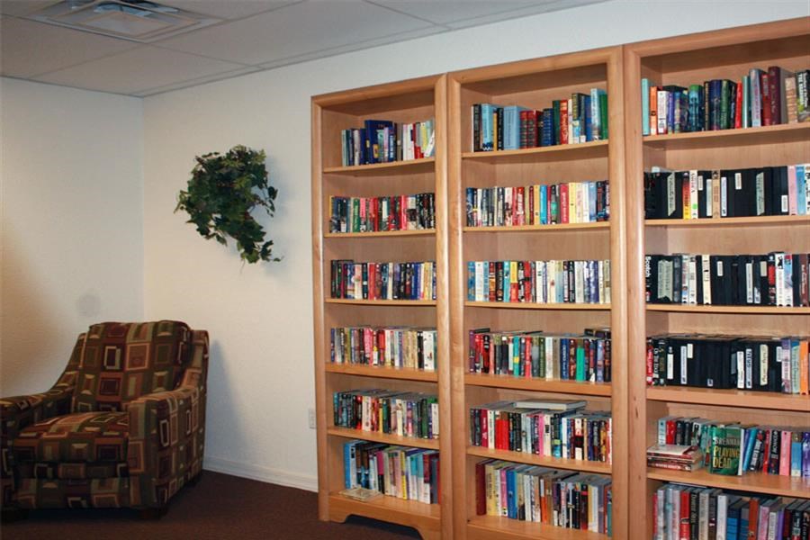 a living room with a large book shelf and a chair