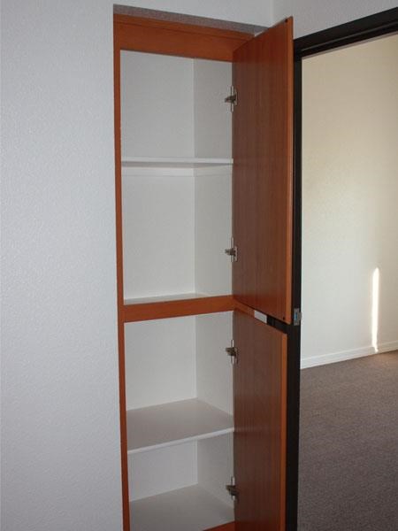 a cabinet with shelves in a room with a door