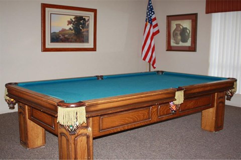 a pool table in a room with an flag