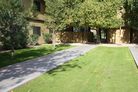 a yard with a sidewalk and trees in front of a building