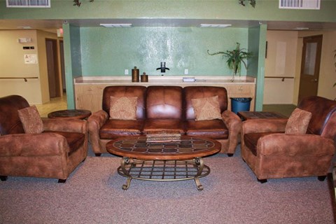 a living room with leather furniture and a table
