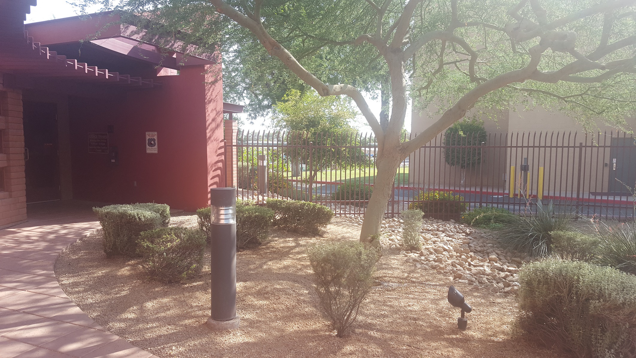a courtyard with trees and a bird in front of a building