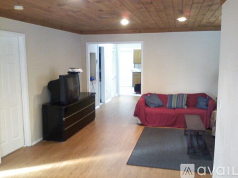 A living room with a red couch and a television.