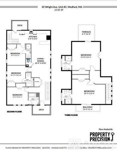 A floor plan for a three-story townhouse with two bedrooms and two bathrooms per floor.