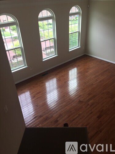 A room with wooden floors and three arched windows.