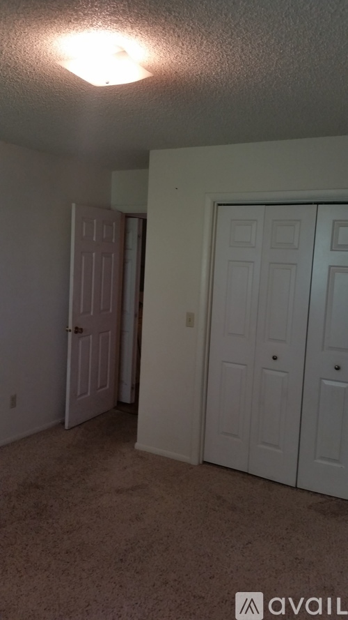 A room with two white doors and a carpeted floor.