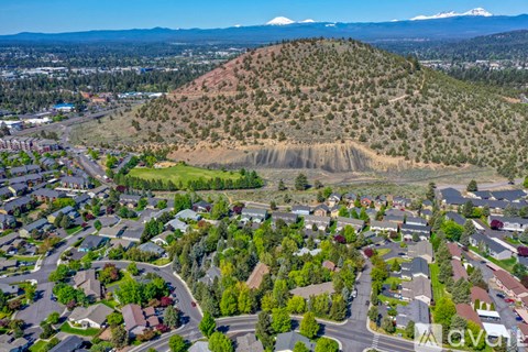A bird's eye view of a residential area with houses, trees, and a mountain in the background.