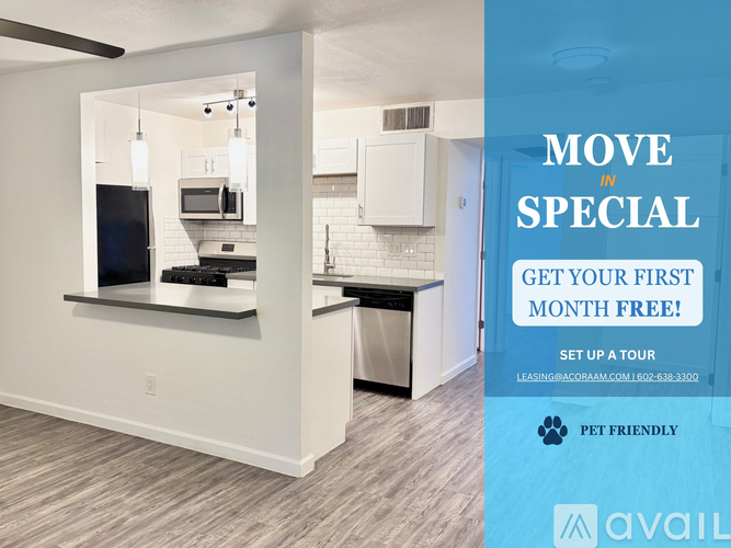 A modern kitchen with a promotion for a free first month for moving in.