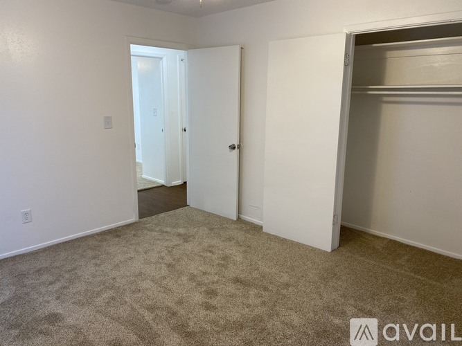 A room with a carpeted floor and two doors.