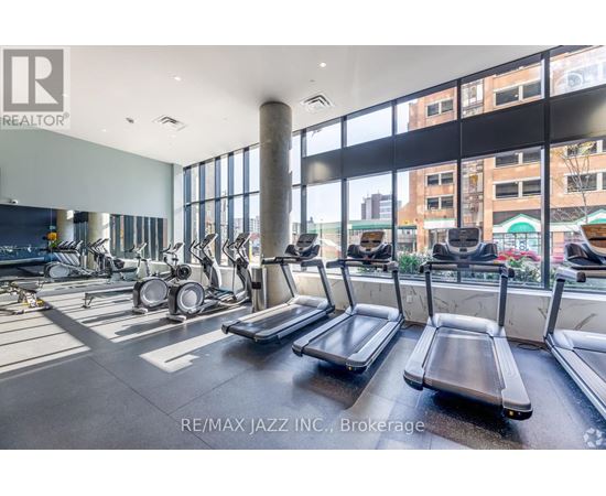A gym with treadmills and elliptical machines.