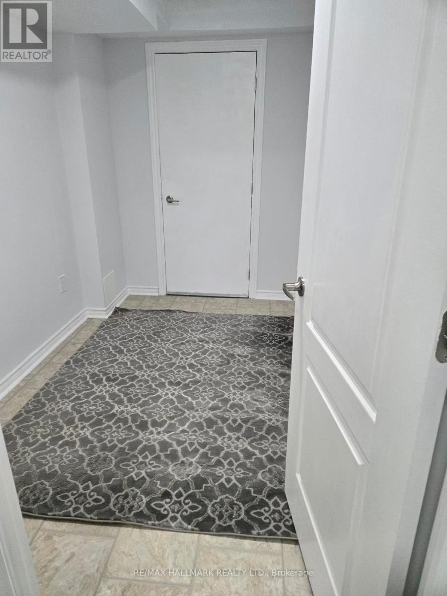 A hallway with a rug and a white door.