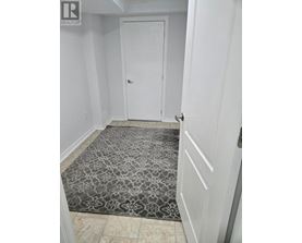 A hallway with a rug and a white door.