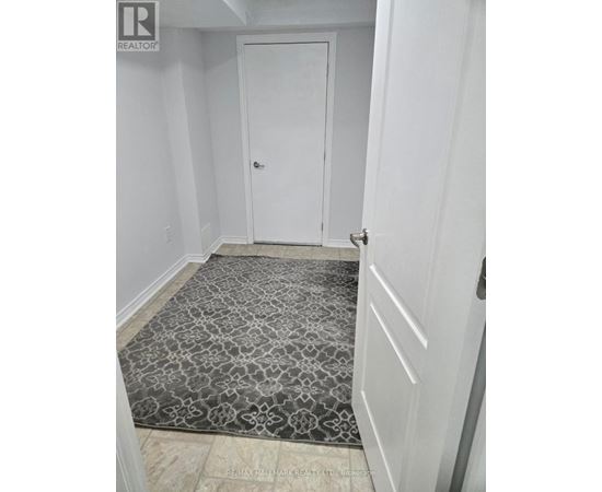 A hallway with a rug and a white door.