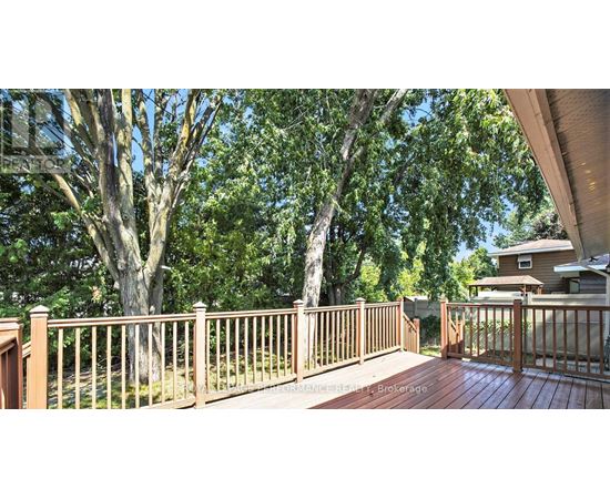 A wooden deck with a railing and trees in the background.