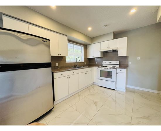 A kitchen with white cabinets and a black fridge.