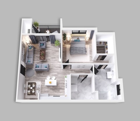 A top-down view of a modern apartment layout with a kitchen, living room, and bedrooms.