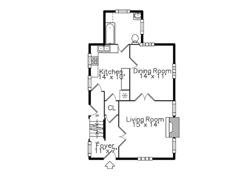 A floor plan of a house with a kitchen, dining room, and living room.
