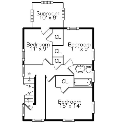 A black and white image of a floor plan for a house with three bedrooms and a sunroom.