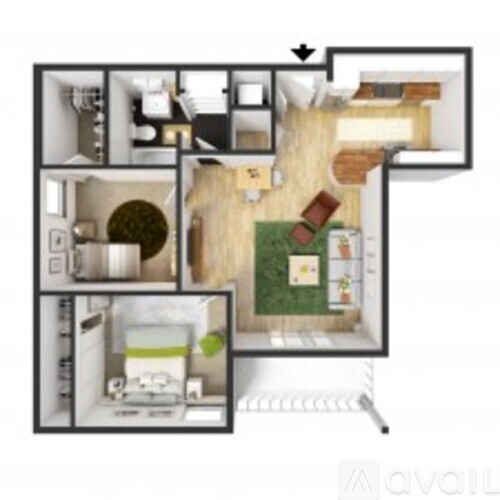 A floor plan of an apartment with a kitchen, living room, and two bedrooms.