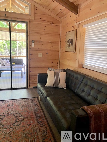 A living room with a couch and a rug.