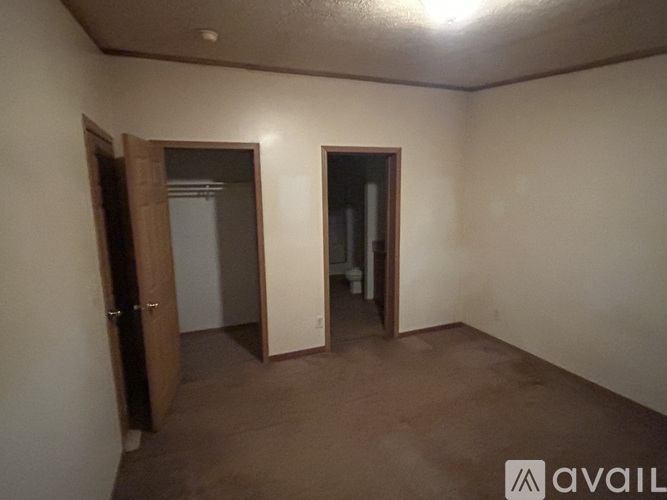 A room with a brown carpet and two open doors.