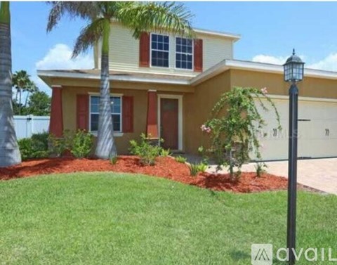 A house with a red door and a palm tree in front.