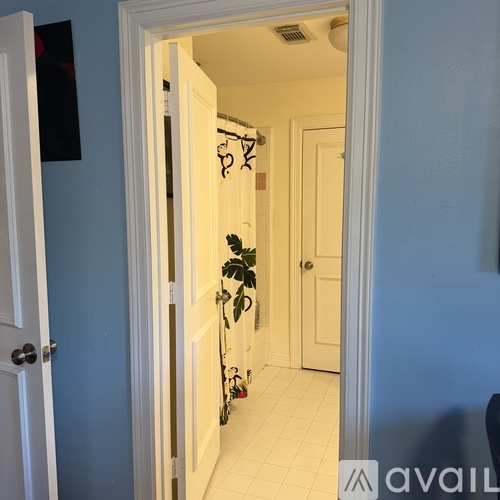 A white door is open to a hallway with a plant in the background.