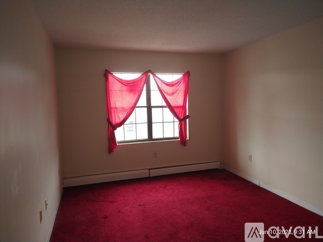 A room with a red carpet and a window with red curtains.