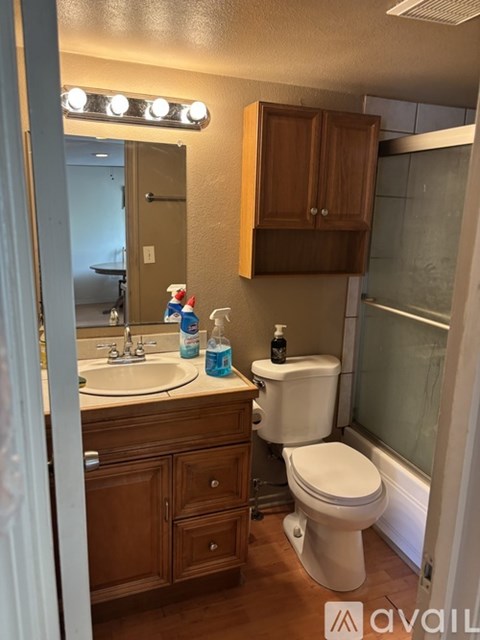 A bathroom with a toilet, sink, and mirror.