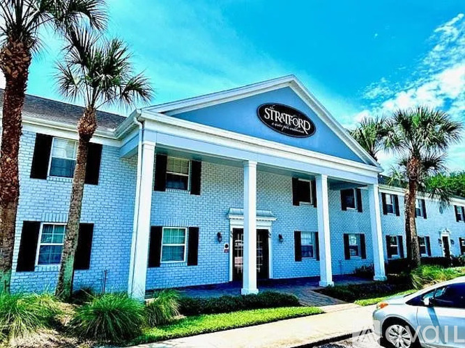 A blue building with the name "Stratford" on it.