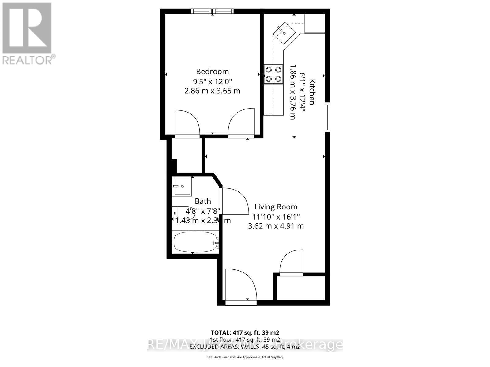 A floor plan for a small apartment with a bedroom, living room, and bathroom.