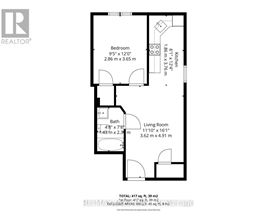 A floor plan for a small apartment with a bedroom, living room, and bathroom.