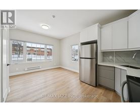 A kitchen with white cabinets and a refrigerator in a room with a window.
