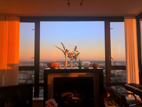 A room with a fireplace and a view of the city.