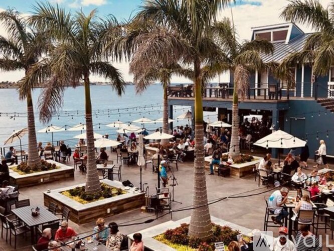 A group of people are sitting at tables under palm trees.