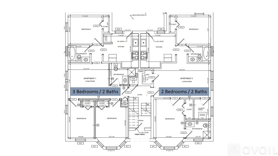 A floor plan of an apartment complex with 3 and 2 bedrooms and 2 bathrooms.